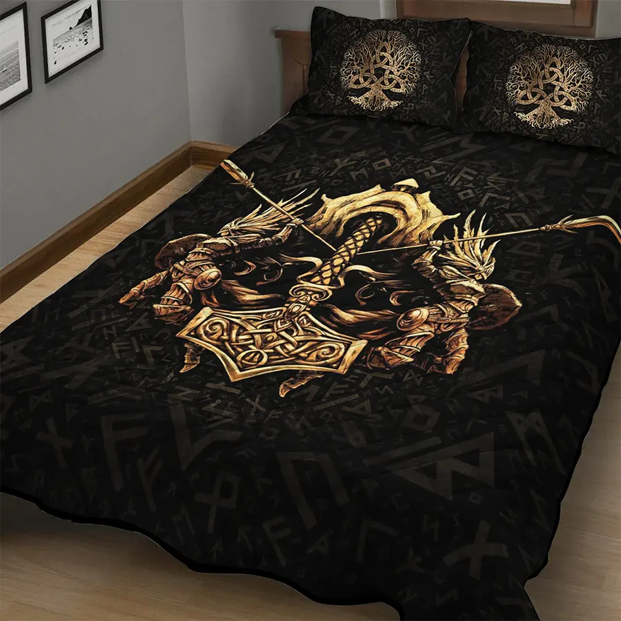 Viking Quilt Bedding Set Warrior Mjolnir Art Power