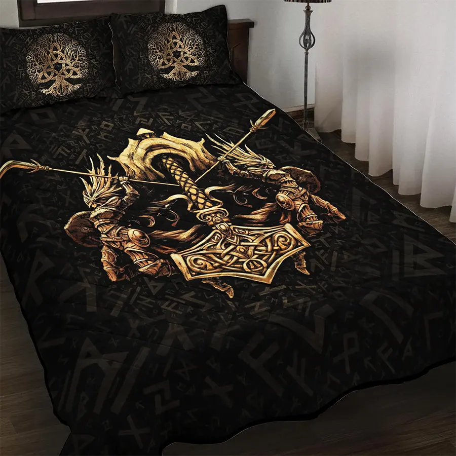Viking Quilt Bedding Set Warrior Mjolnir Art Power