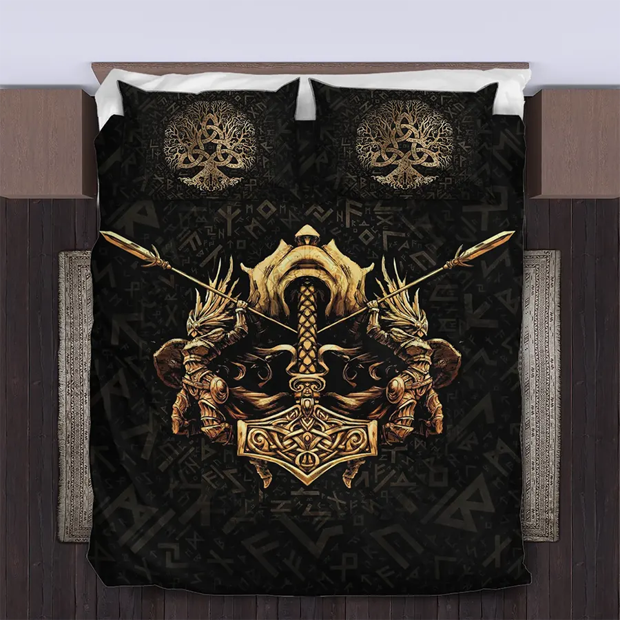 Viking Quilt Bedding Set Warrior Mjolnir Art Power