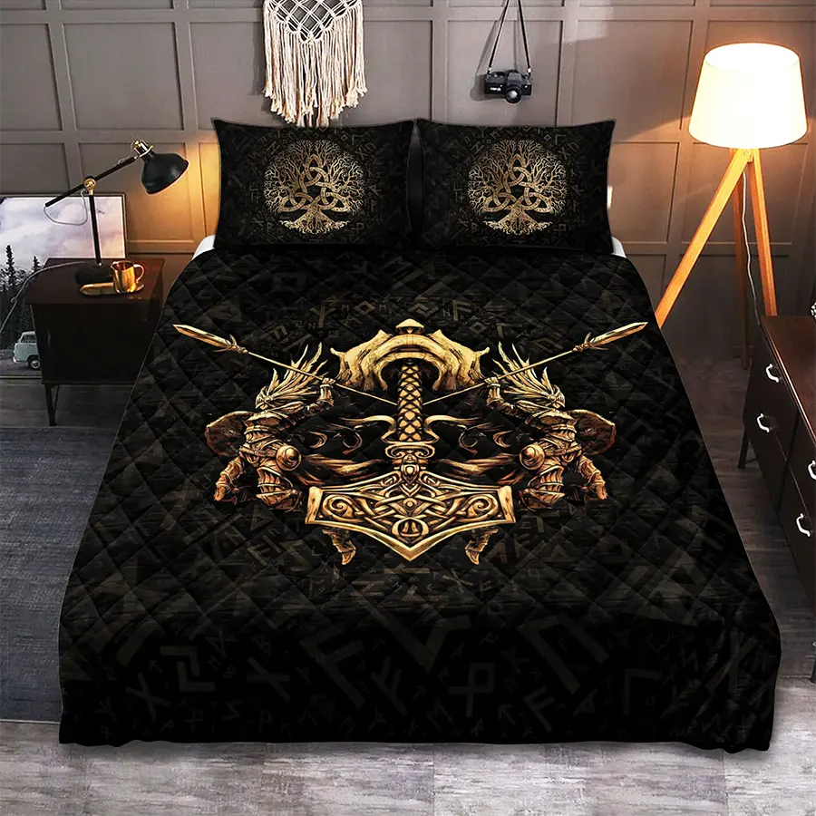 Viking Quilt Bedding Set Warrior Mjolnir Art Power