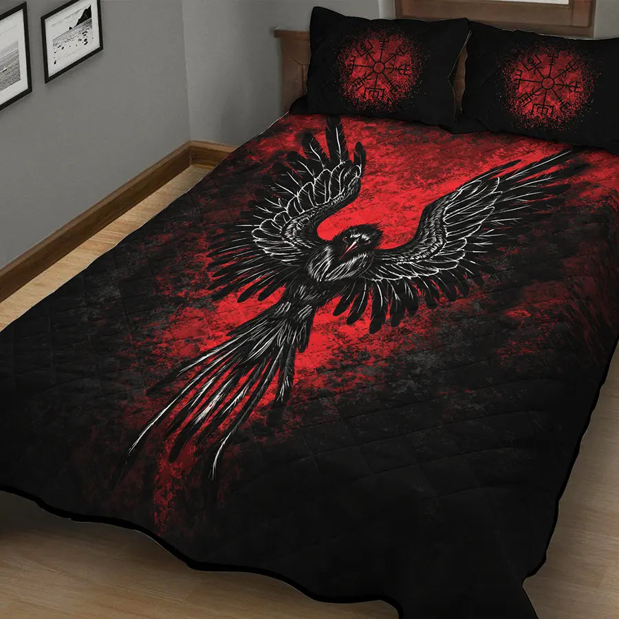 Viking Quilt Bedding Set with Nordic Raven Vegvisir