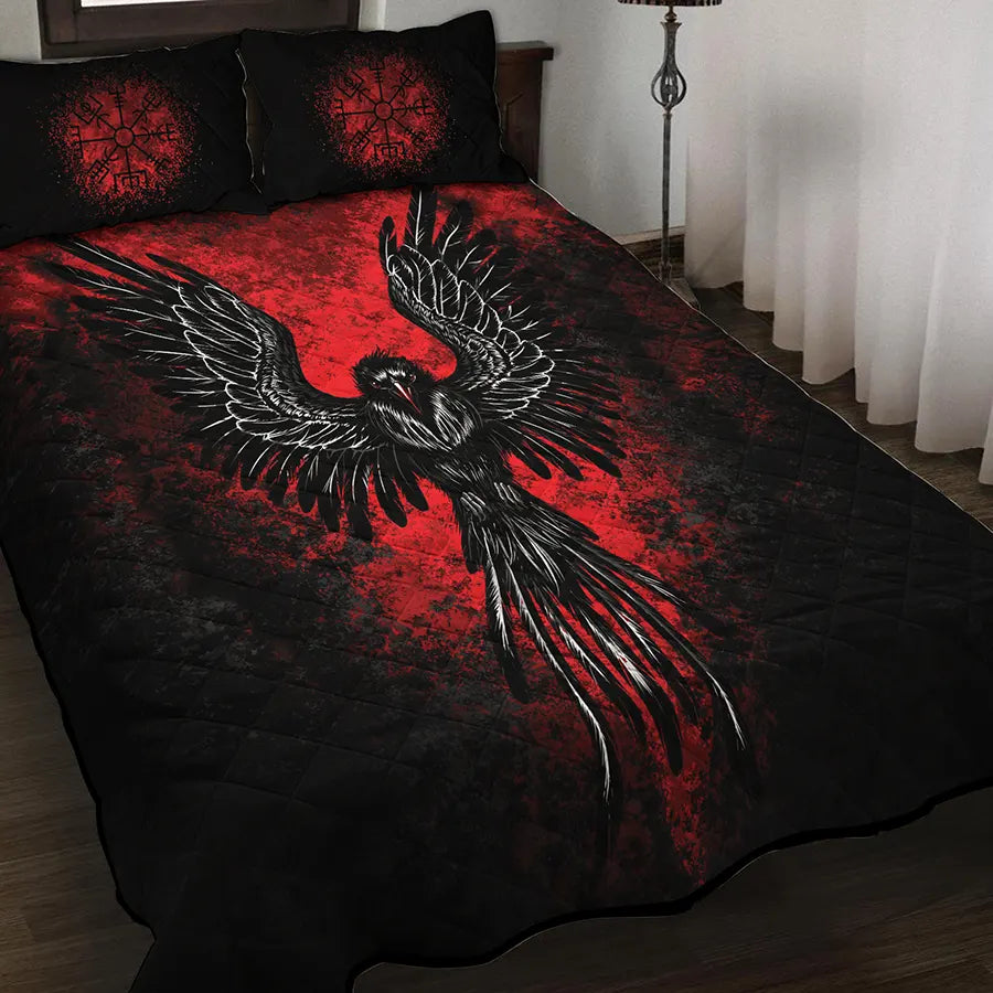 Viking Quilt Bedding Set with Nordic Raven Vegvisir