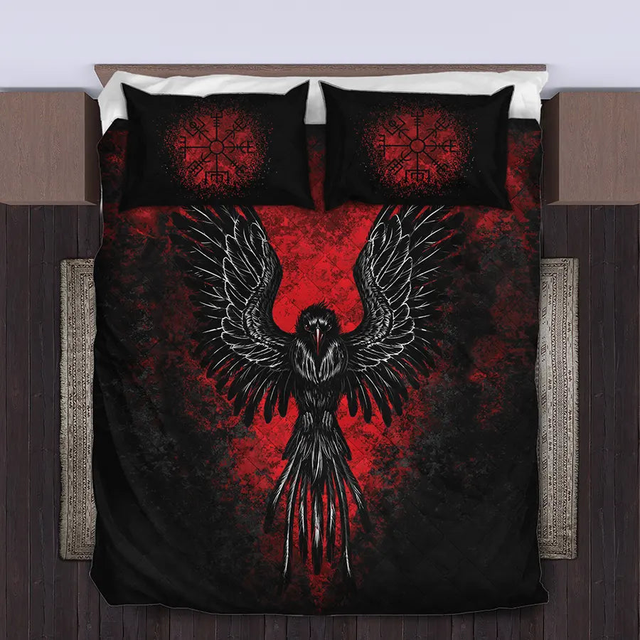 Viking Quilt Bedding Set with Nordic Raven Vegvisir