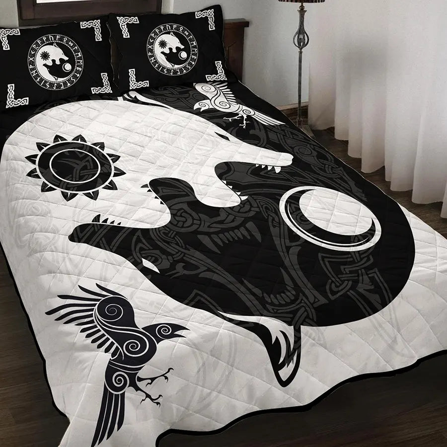 Viking Quilt Bedding Set Yin Yang Norse Wolf Art