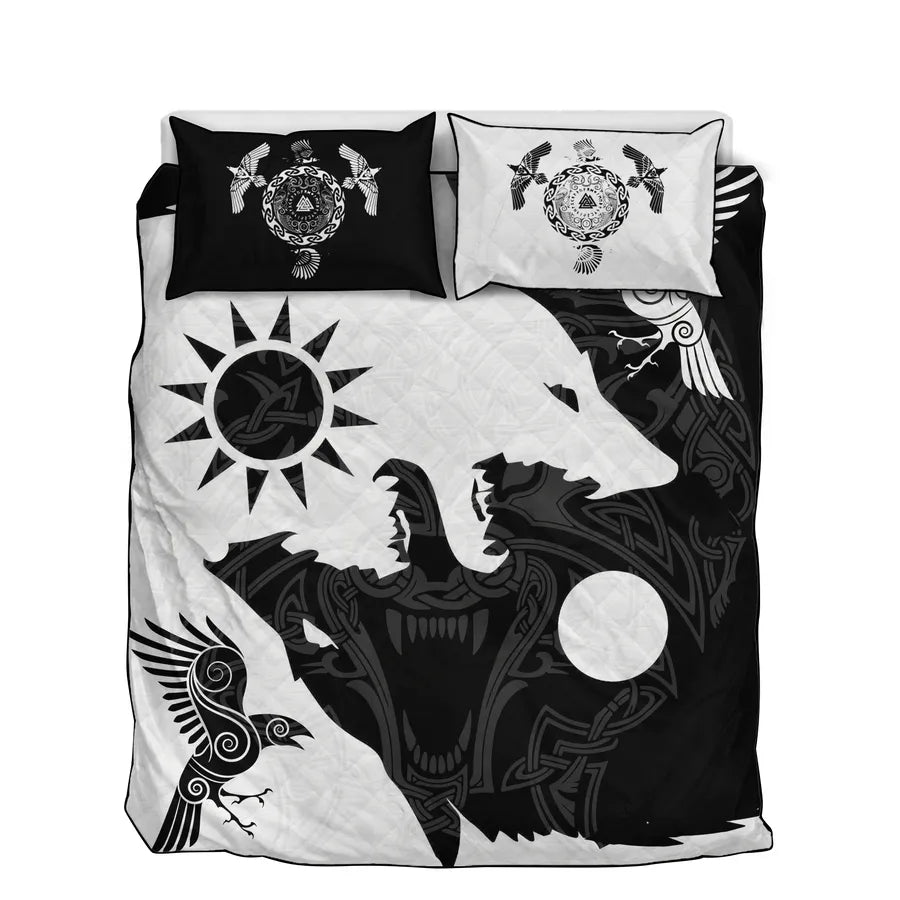Viking Quilt Bedding Set Yin Yang Norse Wolf Art