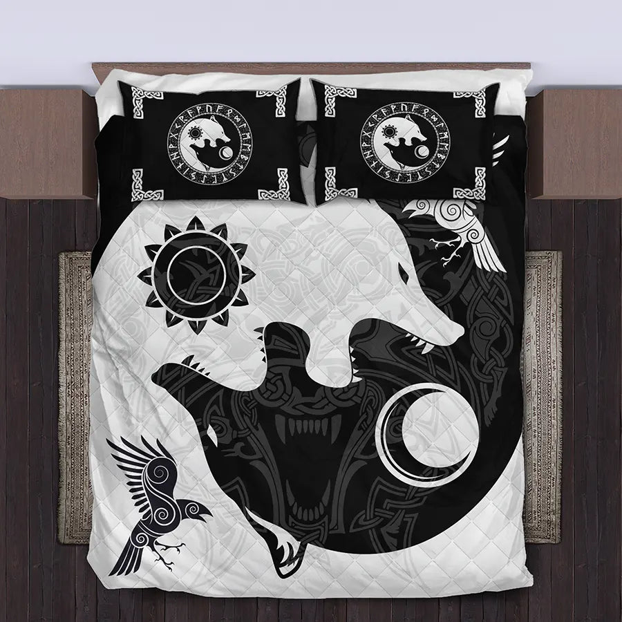 Viking Quilt Bedding Set Yin Yang Norse Wolf Art