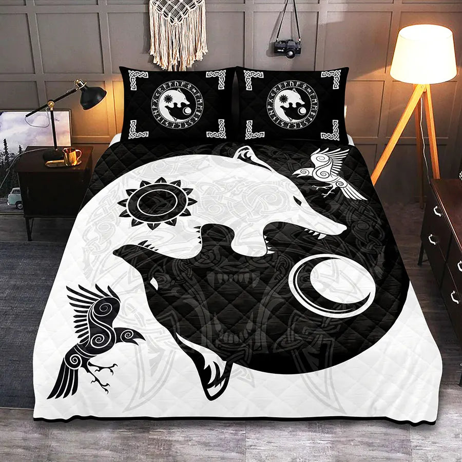 Viking Quilt Bedding Set Yin Yang Norse Wolf Art