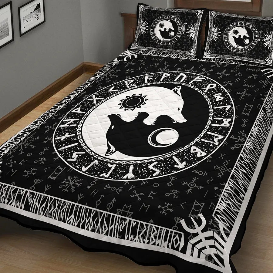 Viking Quilt Bedding Set Yin Yang Norse Wolf Symbol