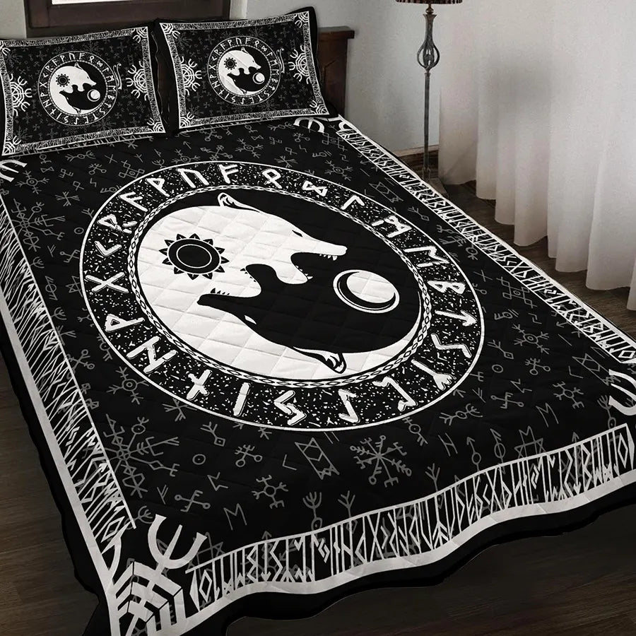 Viking Quilt Bedding Set Yin Yang Norse Wolf Symbol