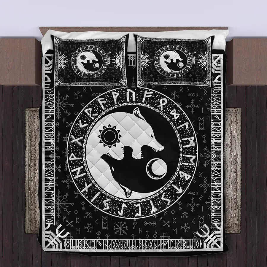 Viking Quilt Bedding Set Yin Yang Norse Wolf Symbol