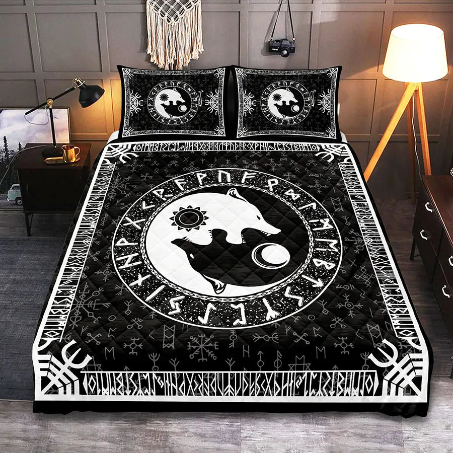 Viking Quilt Bedding Set Yin Yang Norse Wolf Symbol