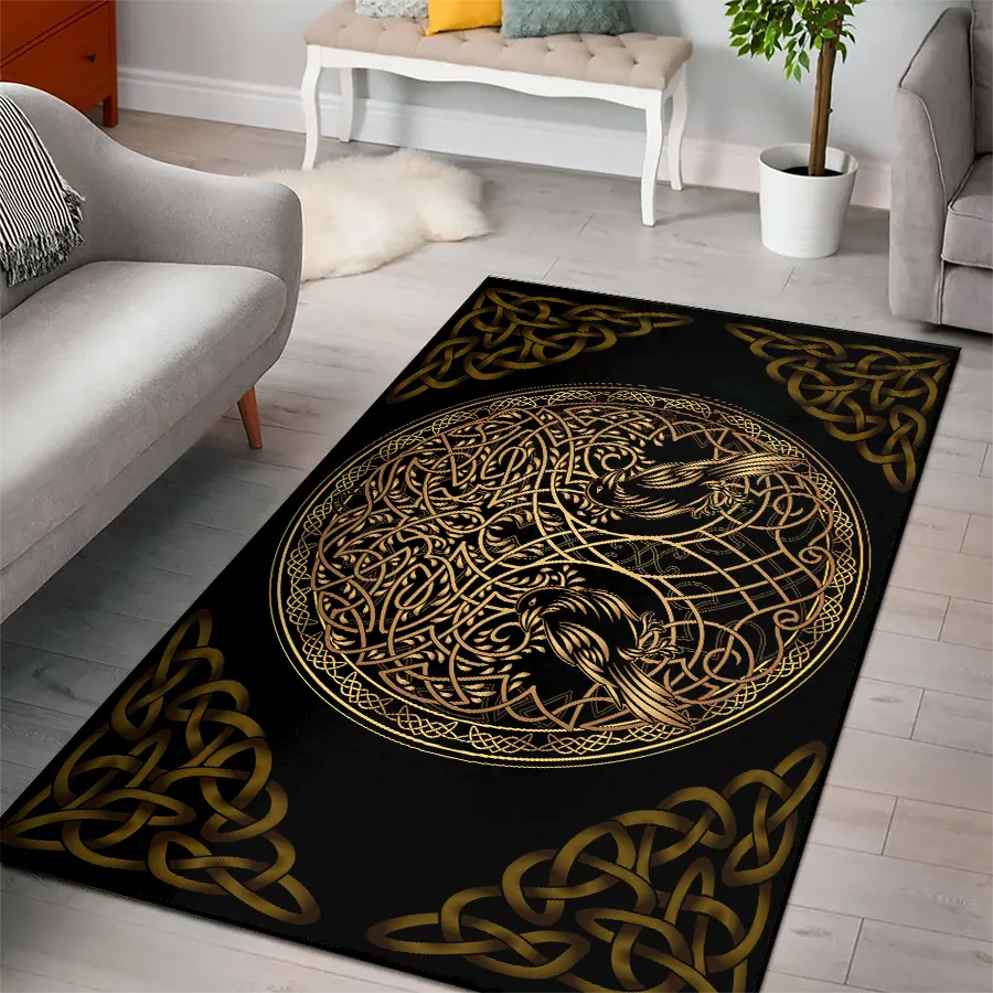 Viking Rug Gold Celtic Tree of Life with Norse Raven