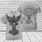 Viking T-Shirt Norse Raven Art with Hammer of Thor