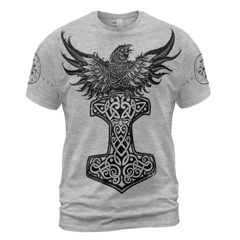 Viking T-Shirt Norse Raven Art with Hammer of Thor