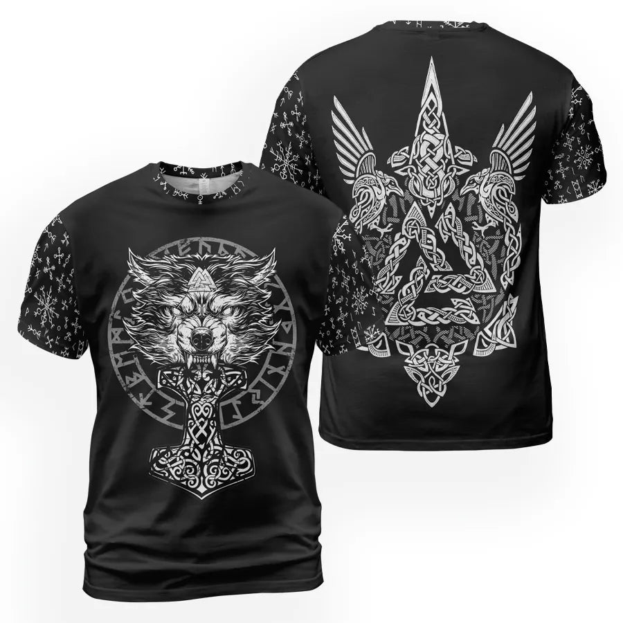 Viking T-Shirt Norse Wolf Design with Mjolnir Art