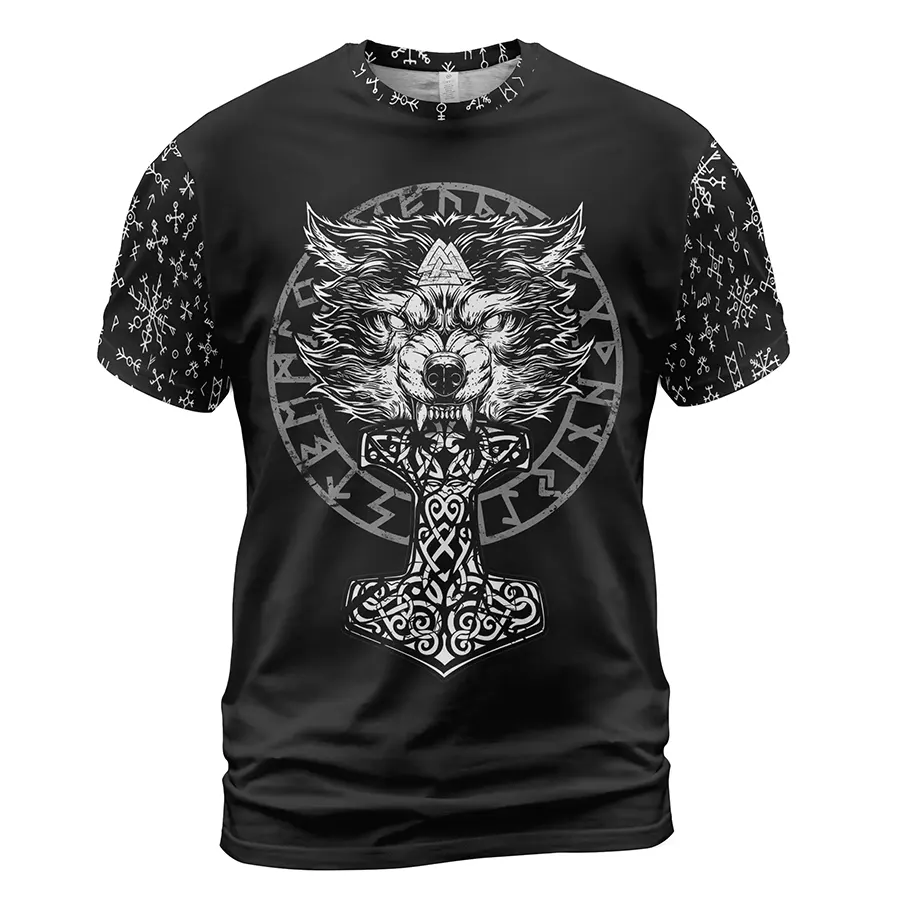 Viking T-Shirt Norse Wolf Design with Mjolnir Art