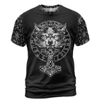 Viking T-Shirt Norse Wolf Design with Mjolnir Art