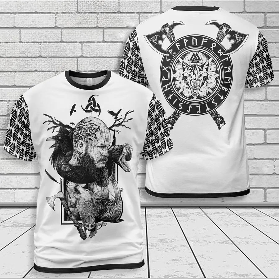 Viking T-Shirt Ragnar Norse Raven Wolf Art Saga