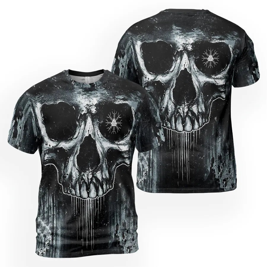 Viking T-Shirt Weathered Aegishjalmr Skull in Decay Art