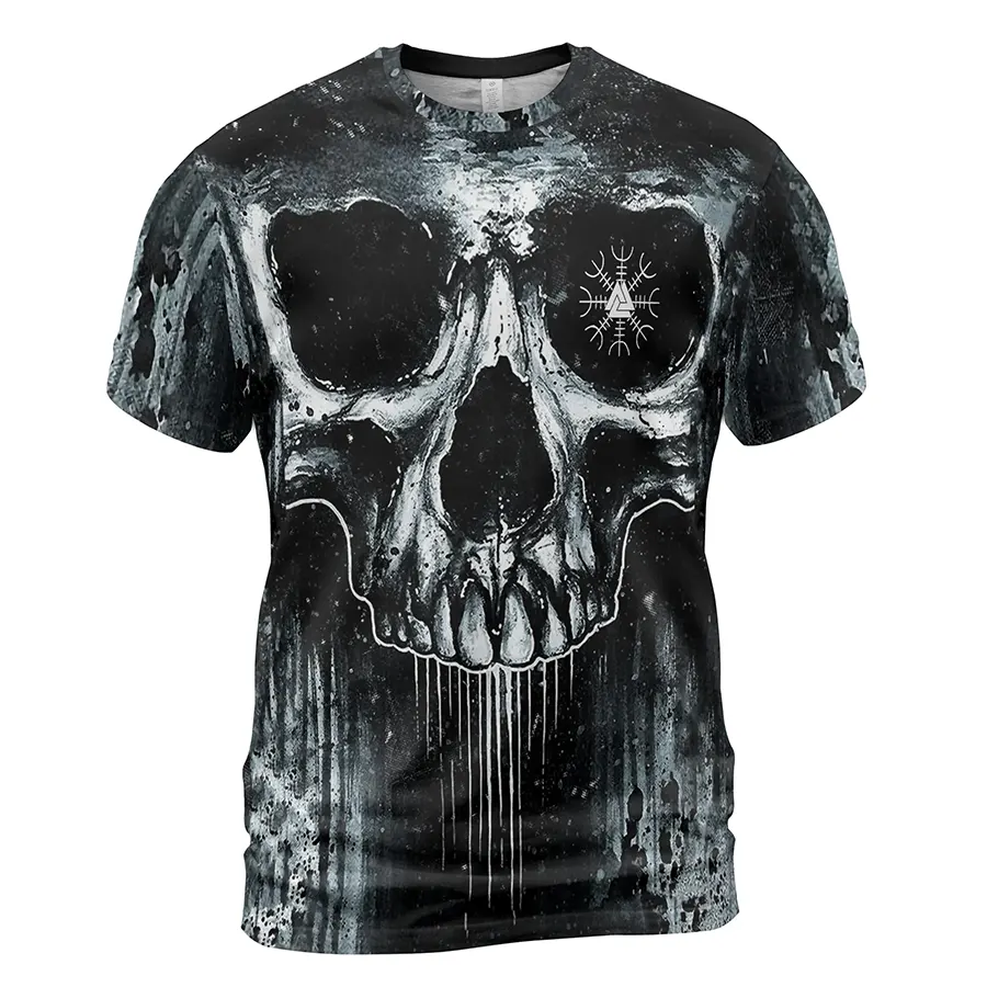 Viking T-Shirt Weathered Aegishjalmr Skull in Decay Art