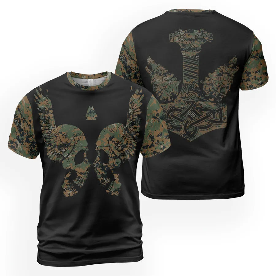 Viking T-Shirt Winged Viking Skull Art Camouflage