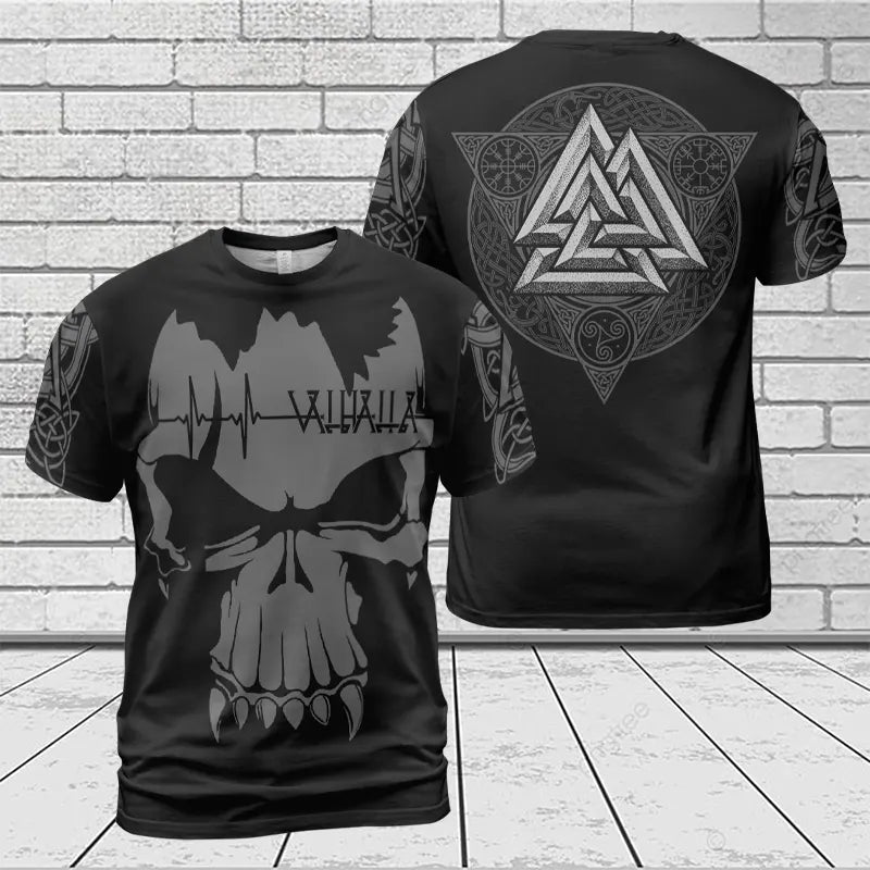 Viking T-Shirts Valhalla Viking Skull Art with Valknut Symbol