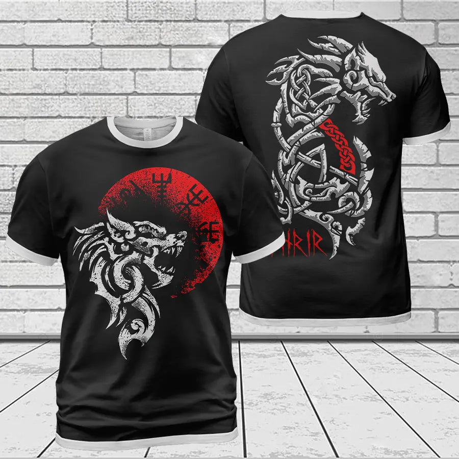 Viking Tees Norse Wolf Art with Symbol Vegvisir