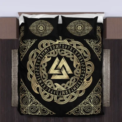 Viking Quilt Bedding Set – Golden Viking Valknut Symbol Prestige Viking Quilt Bedding Set – Golden Viking Valknut Symbol Prestige