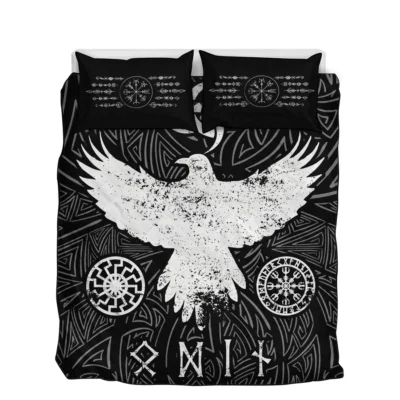 Viking Quilt Bedding Set – Raven Symbol Norse Mythic Design Viking Quilt Bedding Set – Raven Symbol Norse Mythic Design
