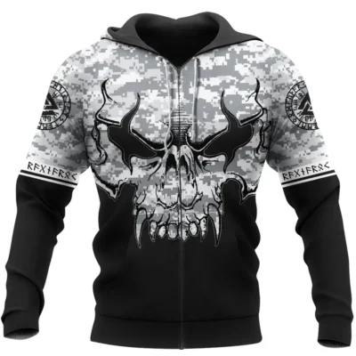 Viking Hoodie – Viking Skull Drawing with Camouflage Pattern