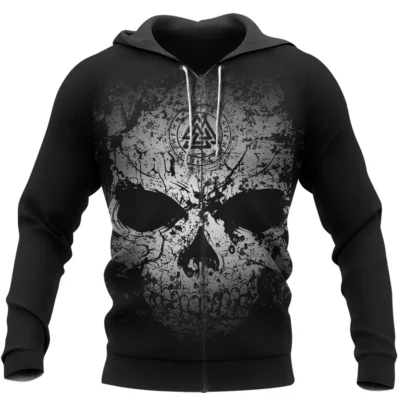 Hoodie Viking – Grunge Dark Skull Hoodie Mens with Valknut