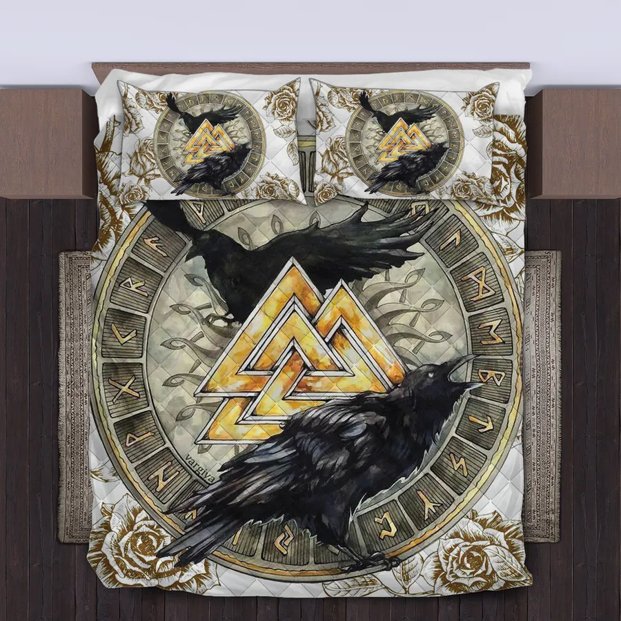 Viking Quilt Bedding Set – Viking Raven Valknut Art Legendary Symbol Viking Quilt Bedding Set – Viking Raven Valknut Art Legendary Symbol