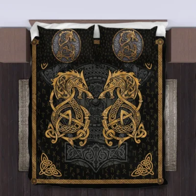 Viking Quilt Bedding Set – Celtic Norse Wolf Art Primal Heritage