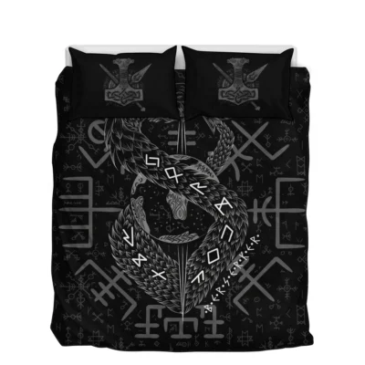 Viking Quilt Bedding Set – Jormungandr Rune Serpent Power Design Viking Quilt Bedding Set – Jormungandr Rune Serpent Power Design