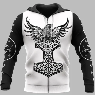 Viking Hoodies – Raven Viking – Hammer of Thor – Yggdrasil Art Legend