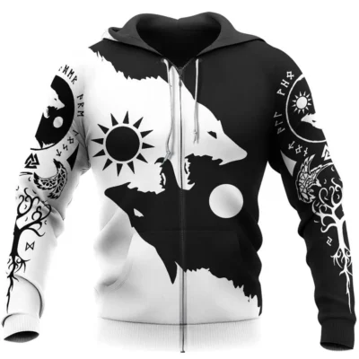 Viking Hoodie Yin Yang Geri and Freki Wolves Of Odin Front