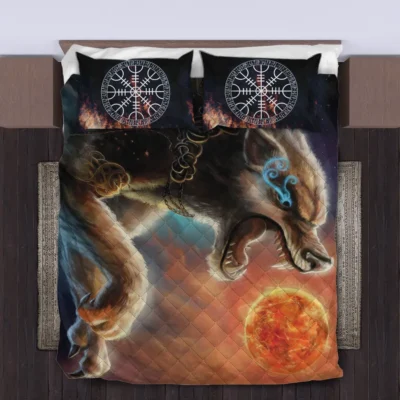 Viking Quilt Bedding Set – Sköll Wolf Chases the Sun Mythic Pursuit Viking Quilt Bedding Set – Sköll Wolf Chases the Sun Mythic Pursuit