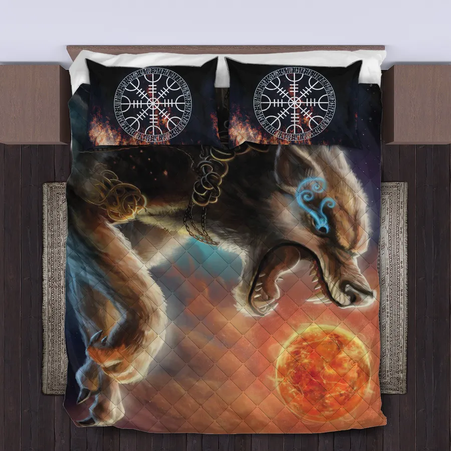 Viking Quilt Bedding Set – Sköll Wolf Chases the Sun Mythic Pursuit Viking Quilt Bedding Set – Sköll Wolf Chases the Sun Mythic Pursuit