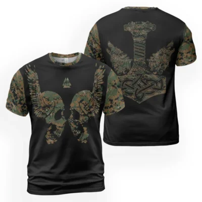 Norse T Shirt – Viking Skull Art with Camouflage Pattern