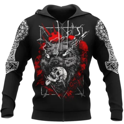 Viking Hoodies – Norse Wolf Design with Skull Fierce Fusion Viking Hoodies – Norse Wolf Design with Skull Fierce Fusion
