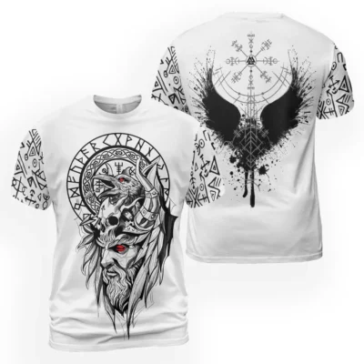 Norse T Shirt Featuring Viking Odin, Raven, And Vegvisir Symbol