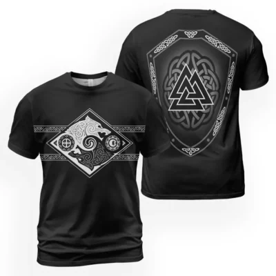 Norse T Shirts – Powerful Celtics T Shirt Featuring Hati And Skoll With Valknut Shield Norse T Shirts – Powerful Celtics T Shirt Featuring Hati And Skoll With Valknut Shield