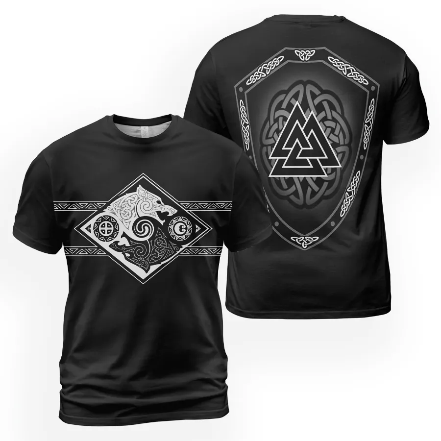 Norse T Shirts – Powerful Celtics T Shirt Featuring Hati And Skoll With Valknut Shield Norse T Shirts – Powerful Celtics T Shirt Featuring Hati And Skoll With Valknut Shield