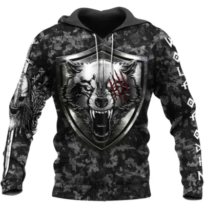 Viking Hoodies – Camo Wolf Hoodies – Mjolnir Art Thunder Style Viking Hoodies – Camo Wolf Hoodies – Mjolnir Art Thunder Style