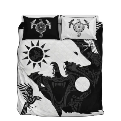 Viking Quilt Bedding Set - Norse Wolf Art Epic Night Style