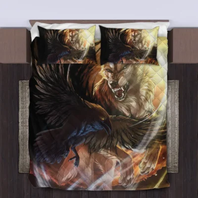 Viking Quilt Bedding Set – Norse Raven and Wolf United Spirit