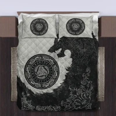 Viking Quilt Bedding Set – Black Viking Wolf Symbol Fierce Power