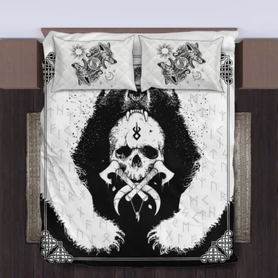 Viking Quilt Bedding Set – Bear Skull Berserker Art Savage Legacy