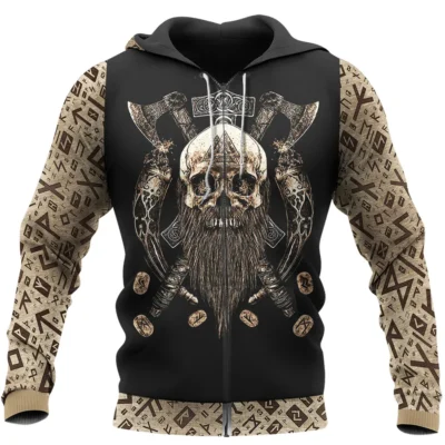 Valhalla Hoodie – Hoodie Viking With Beard Skull And Axe Design