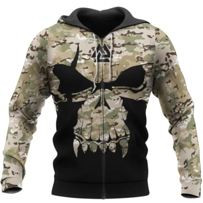 Viking Hoodie – Skull Hoodie With Camouflage Pattern, Skull Warrior And Valknut Symbol Viking Hoodie – Skull Hoodie With Camouflage Pattern, Skull Warrior And Valknut Symbol